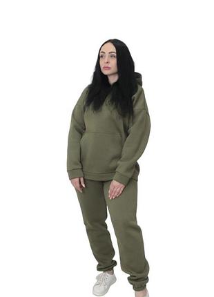 Женский спортивный теплый костюм трехнитка на флисе хаки xs/s