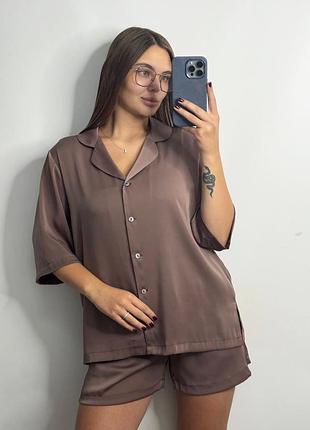 Женский костюм-двойка из сатина шоколадный xs-s
