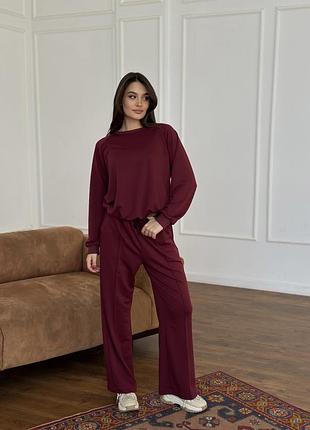 Женский спортивный костюм с широкими штанами бордовый xl/xxl