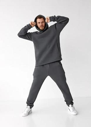Спортивный мужской теплый костюм на флисе графитовый 52