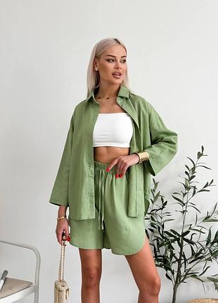 Костюм жіночий літній льон хакі 48/52