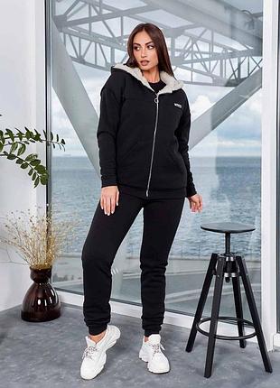 Женский костюм с мехом черный l-xl