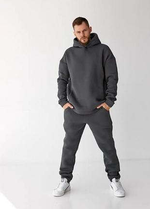 Спортивный мужской теплый костюм на флисе графитовый 48