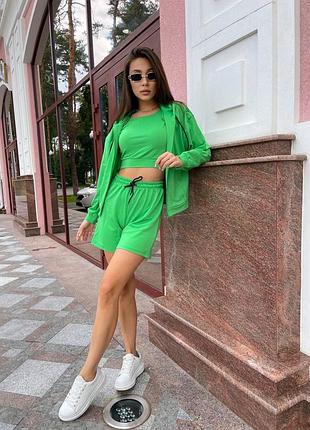 Костюм-тройка кофта топ и шорты зеленый 42-44 46-48