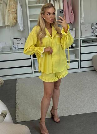 Льняный костюм с кружевом, s-l желтый