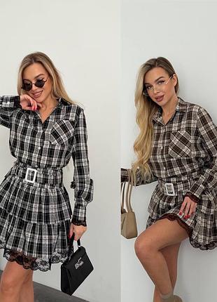Жіночий костюм сорочка і коротка спідниця в клітинку :s-m, l-xl чорний шоколад