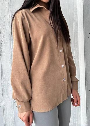 Вельветовая оверсайз удлиненная рубашка, бежевая, 42-46, m/l