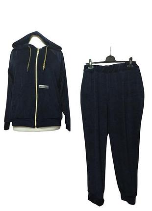 Женский велюровый спортивный костюм худи штаны темносиний бархатный домашний костюм 68