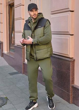 Чоловічий спортивний костюм трійка на флісі с жилеткою - m, l, xl, xxl, xxxl хакі