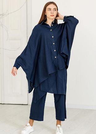 Лляна жіноча сорочка-пончо vil'ni салінас темно-синій 52