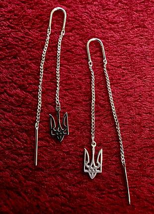 Серебряные серьги minimal с трезубом патриотические