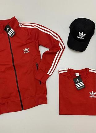 Набор 4в1 adidas: кофта-штаны-футболка-кепка красно-черный
