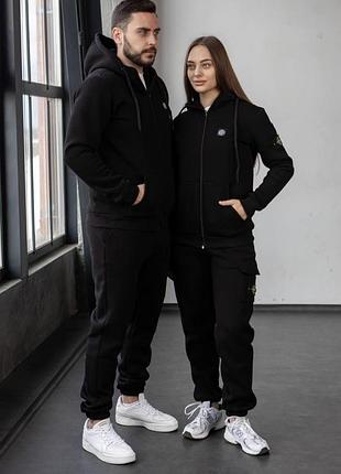 Зимовий костюм stone island тринитка: зіп худі-штани 2 пари шкарпеток у подарунок чорний, m