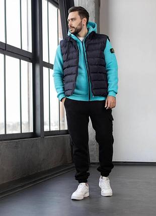 Набір зимовий трійка stone island: жилет-зип худі-штани — 2 пари шкарпеток у подарунок бірюзовий, xs