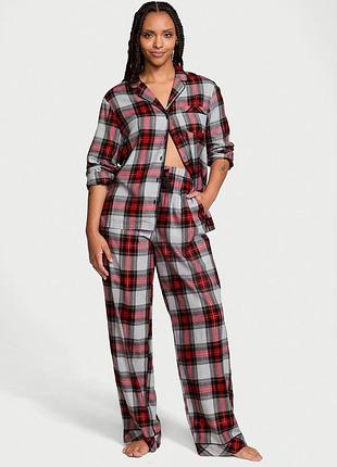 Женская пижама (штаны+рубашка) victoria's secret (3226437712070) flannel pajama xs серая в красную клетку