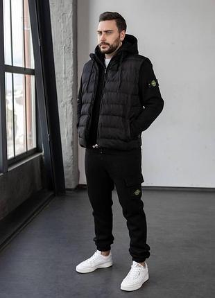 Набір зимовий трійка stone island: жилет-зип худі-штани — 2 пари шкарпеток у подарунок чорний, xxl