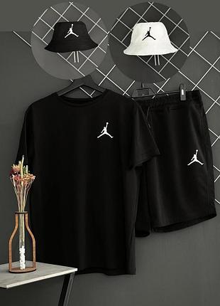 Чоловічий літній костюм jordan чорні шорти + футболка чорна jordan + панама jordan (панама чорна або біла) xl