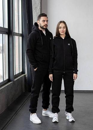 Зимний костюм stone island тринитка: зип худи-штаны 2 пары носков в подарок черный, xxl