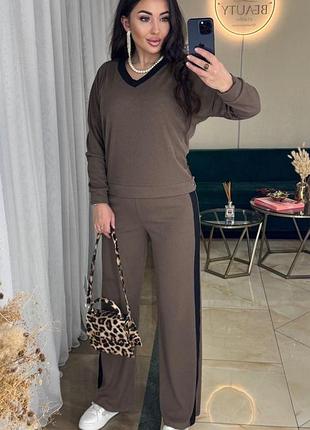 Жіночий костюм-сорочок трикотаж палаццо-лампаси oversize моко графіт чорний великий розмір шоколадний, 40/42