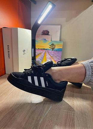 Чоловічі кросівки adidas campus x bad bunny black white кампус зручні чорні з білою замшею 37
