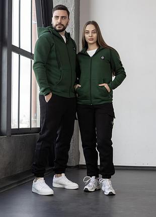 Зимовий костюм stone island тринитка: зіп худі-штани 2 пари шкарпеток у подарунок хакі, s