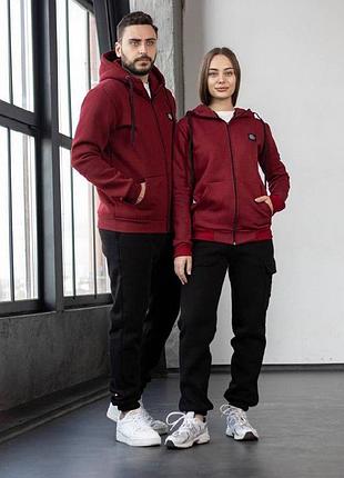 Зимний костюм stone island тринитка: зип худи-штаны 2 пары носков в подарок бордовый, xs