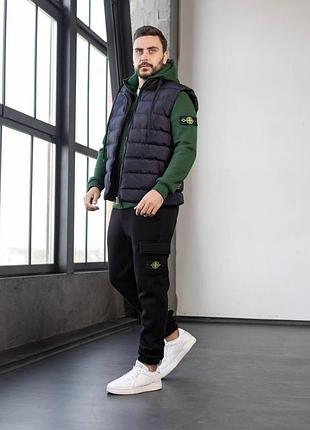 Набір зимовий трійка stone island: жилет-зип худі-штани — 2 пари шкарпеток у подарунок хакі, l