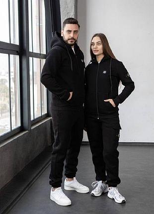 Зимний костюм stone island тринитка: зип худи-штаны 2 пары носков в подарок черный, l