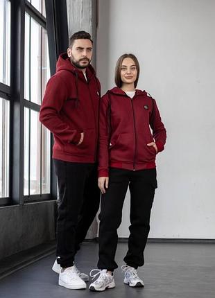 Зимовий костюм stone island тринитка: зіп худі-штани 2 пари шкарпеток у подарунок бордовий, s