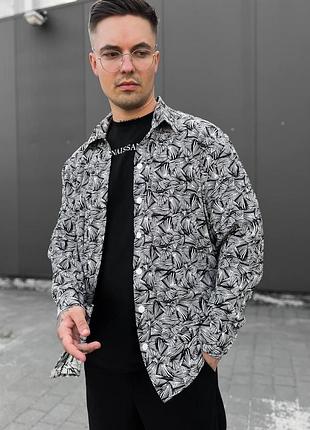 Чоловіча легка сорочка оверсайз на кнопках чорна з квітковим малюнком l