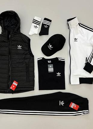 Мужской спортивный комплект adidas 6в1 спортивный костюм белый + футболка + шорты + жилетка + кепка, адидас на