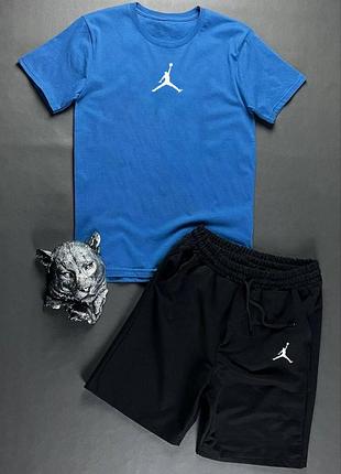 Мужской летний комплект jordan синяя футболка и черные шорты набор jordan шорты футболка на парня комплект