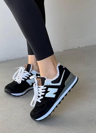 Чорні зимові кросівки new balance 574 для жінок, утеплені кеди на хутрі 38