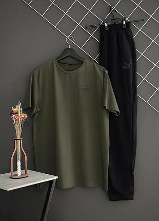 Літній комплект штани чорні puma + футболка хакі puma чоловічий спортивний костюм футболка та штани пума