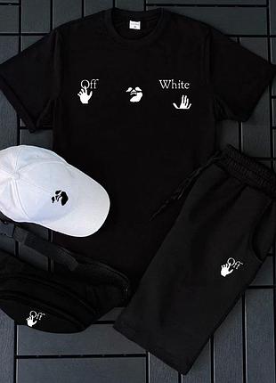 Мужской спортивный костюм off-white футболка и шорты + кепка и бананка летний комплект off-white 4в1 черный xl