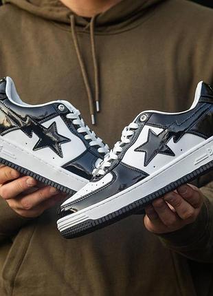 Женские кроссовки bape sta m2 patent кроссы бейп для женщин стильные повседневные черно-белые кожанные с лаком 37