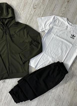 Демісезонний спортивний костюм adidas кофта на змійці хакі + штани (двонитка) + футболка біла adidas