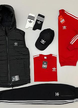 Чоловічий спортивний комплект adidas 6в1 спортивний костюм з світшотом + футболка + шорти + жилетка + кепка, адідас набір 6в1