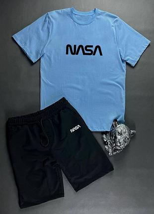 Чоловічий літній комплект nasa блакитна футболка та чорні шорти набір nasa шорти футболка на хлопця наса комплект