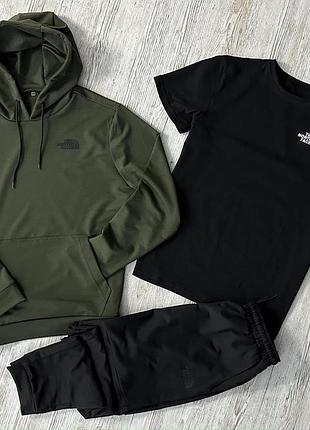 Демісезонний спортивний костюм tnf худі хакі + штани (двонитка) + футболка чорна tnf