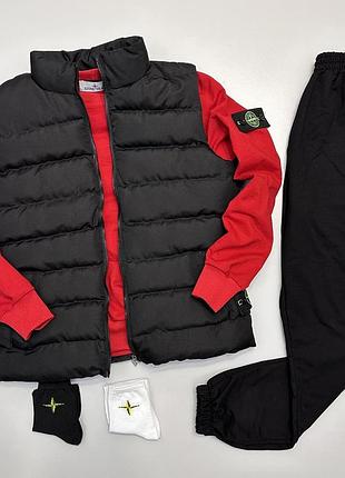 Мужской спортивный костюм stone island с жилеткой, комплект стон айленд свитшот + брюки + жилетка стонайленд