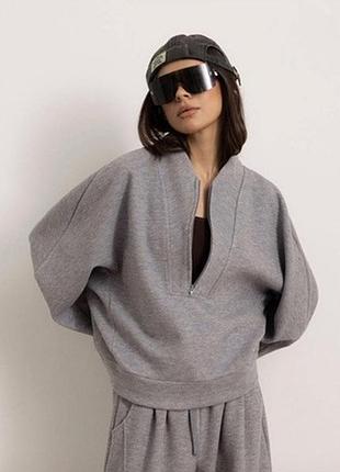 Итальянский женский костюм made in italy: свитшот на молнии + широкие брюки палаццо, серый/молочный, s-l m, серый