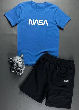 Чоловічий літній комплект nasa синя футболка та чорні шорти набір nasa шорти футболка на хлопця наса комплект