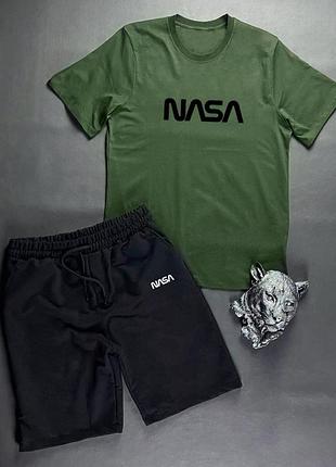 Чоловічий літній комплект nasa хакі футболка та чорні шорти набір nasa шорти футболка на хлопця наса комплект