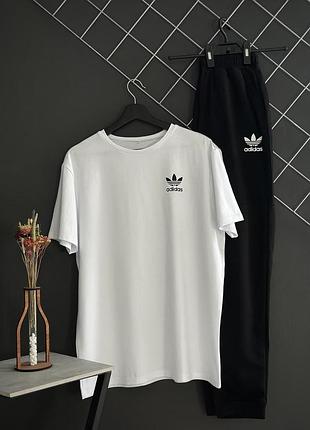 Летний комплект брюки черные adidas + футболка белая adidas мужской спортивный костюм футболка и брюки adidas
