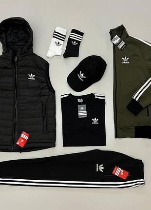 Чоловічий спортивний комплект adidas 6в1 спортивний костюм хакі + футболка + шорти + жилетка + кепка, адідас набір 6в1