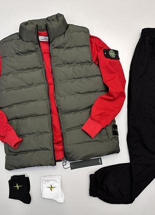 Мужской спортивный костюм stone island с жилеткой, комплект стон айленд свитшот + брюки + жилетка стонайленд