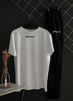 Летний комплект штаны черные palm angels+футболка белая palm angels мужской спортивный костюм футболка и штаны l