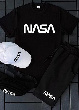 Літній комплект nasa футболка + шорти + кепка + бананка костюм 4в1 на літо nasa чорний чоловічий футболка + шорти наса