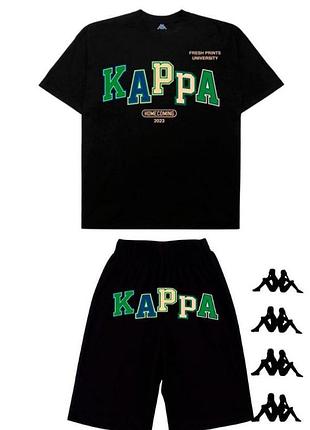 Мужской спортивный комплект kappa черная футболка + шорты, летний набор каппа для тренировок